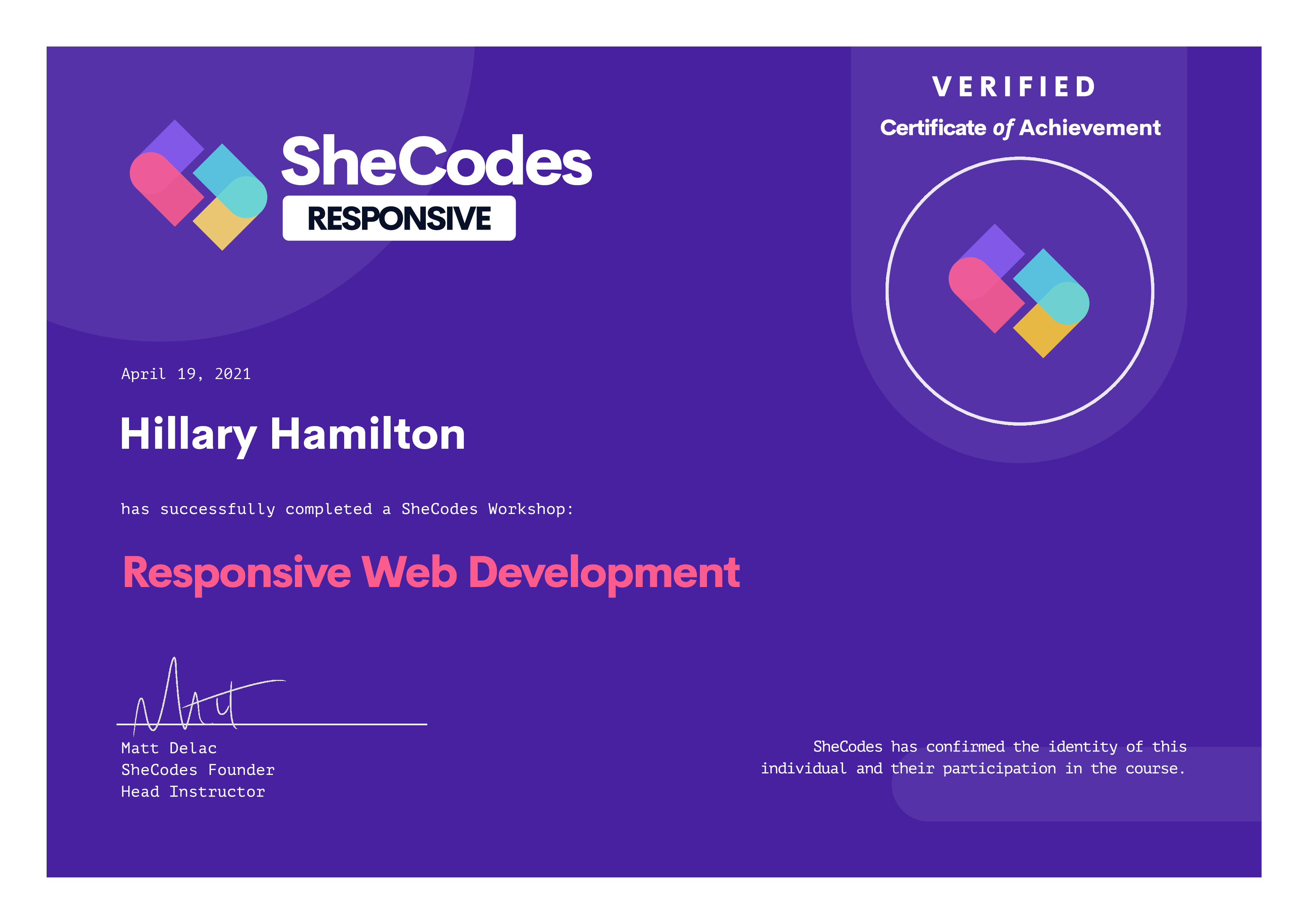 Hillary's SheCodes Responsive Completion Certificate