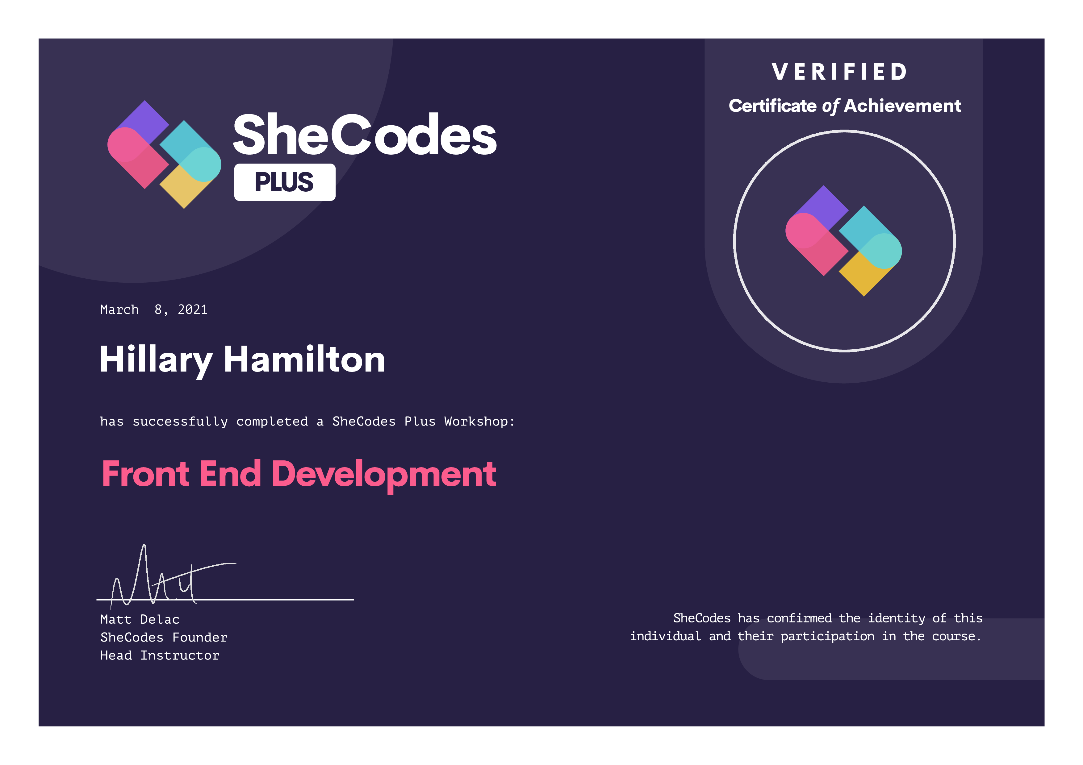 Hillary's SheCodes Completion Certificate