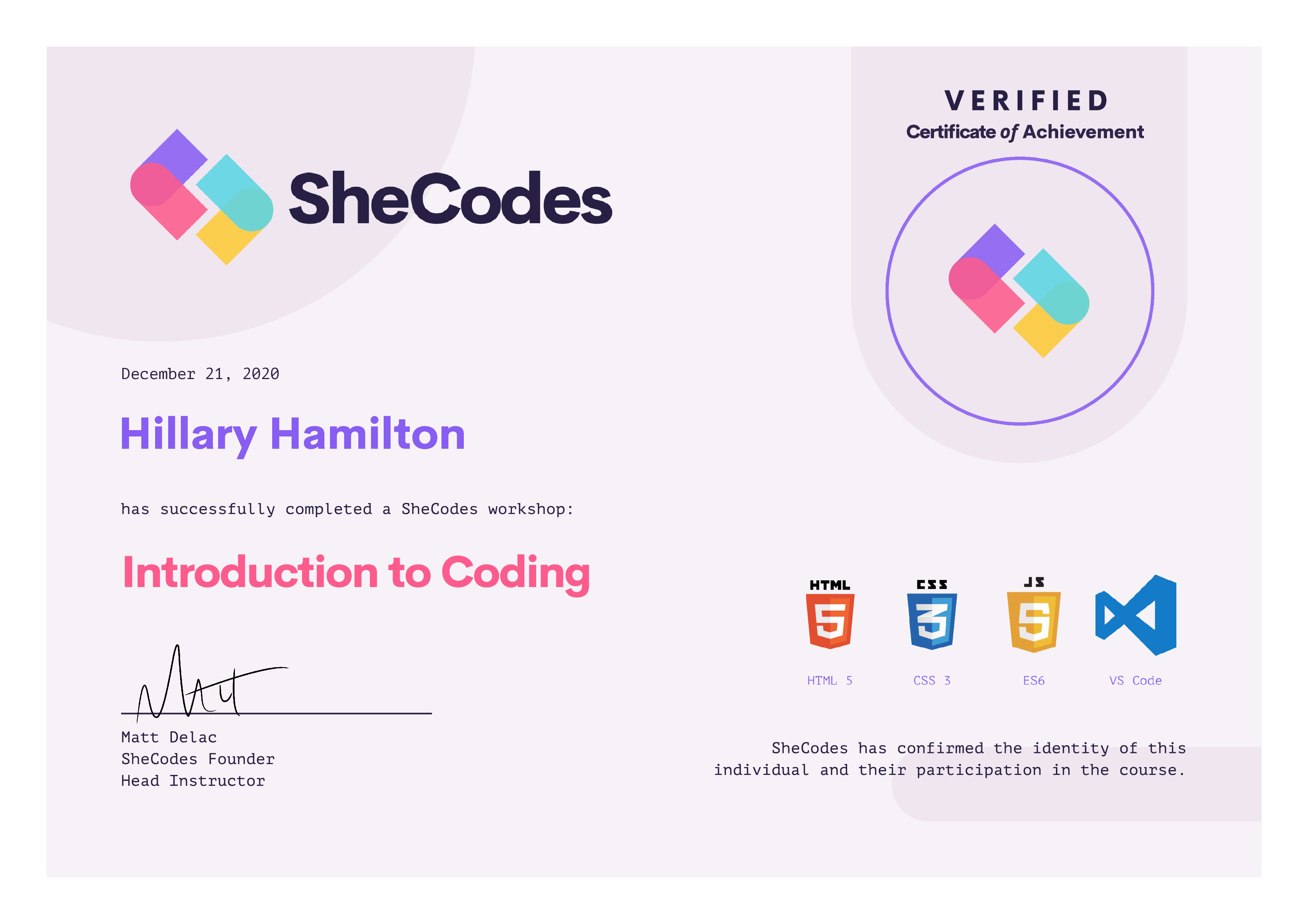 Hillary's SheCodes+ Completing Certificate